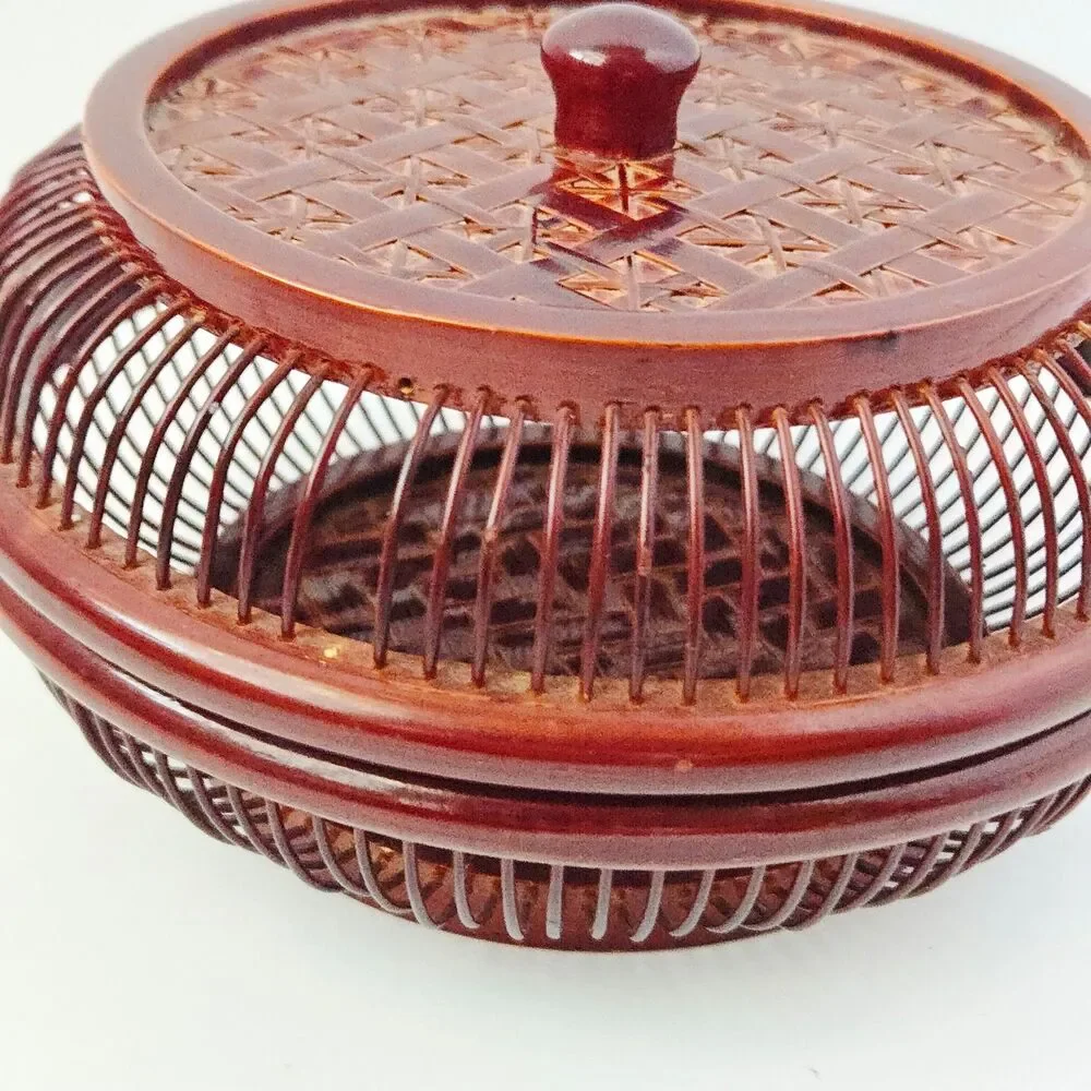 Vintage Japanese Handwoven Bamboo Lacquered Wagashi Basket w/ Lid Cricket Cage